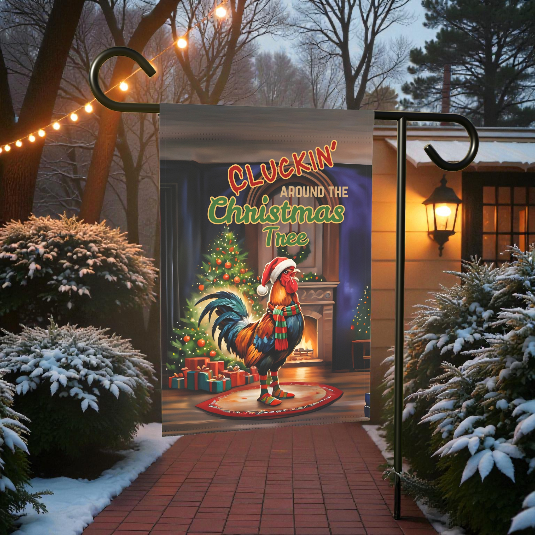 Christmas Rooster Garden Flag "Cluckin' Around the Christmas Tree"