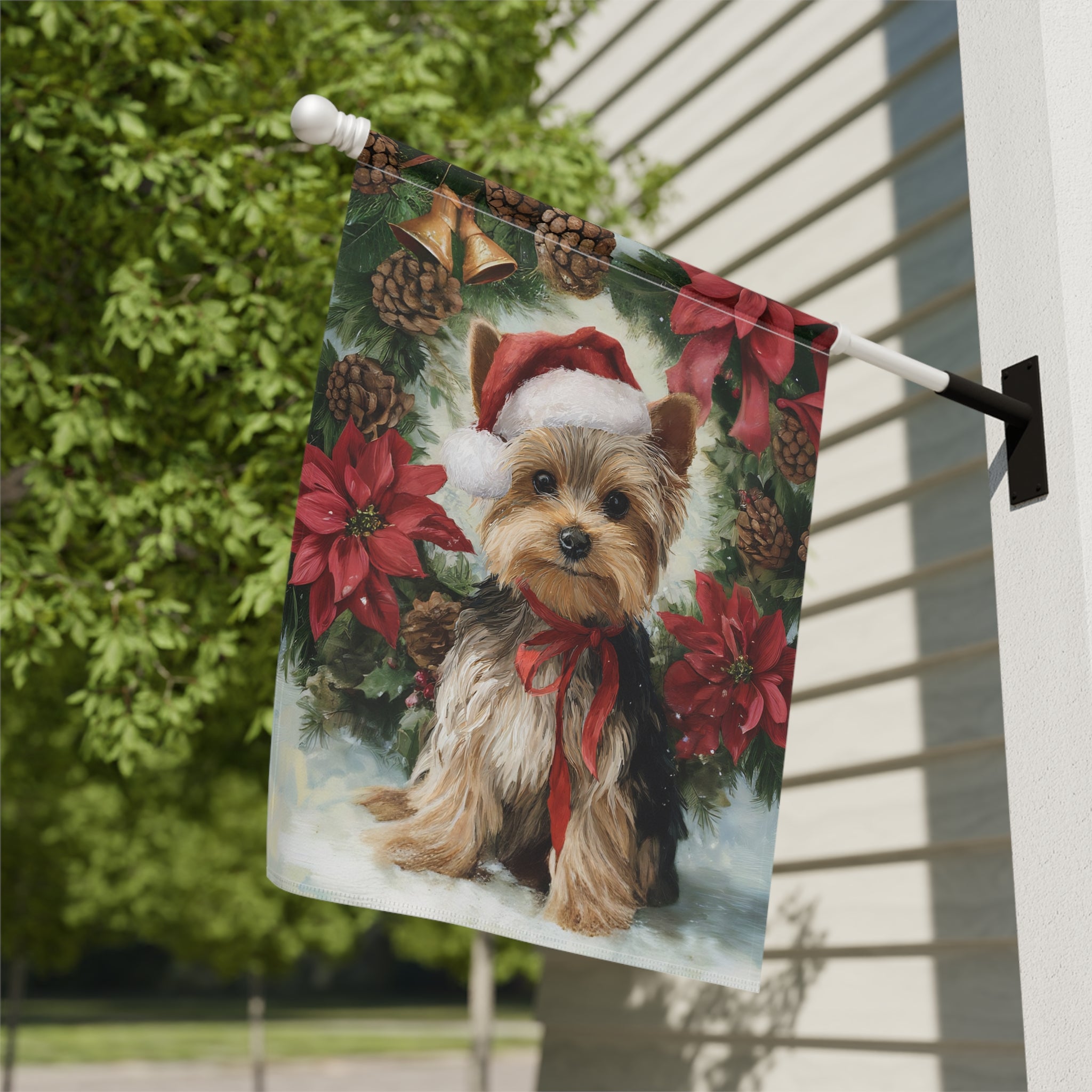 Poinsettia and Pinecone Wreath Yorkshire Terrier Garden Flag