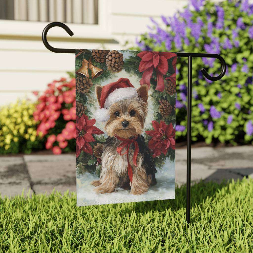 Poinsettia and Pinecone Wreath Yorkshire Terrier Garden Flag