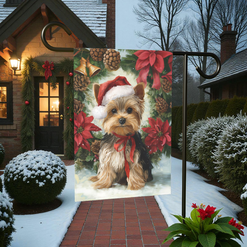 Poinsettia and Pinecone Wreath Yorkshire Terrier Garden Flag