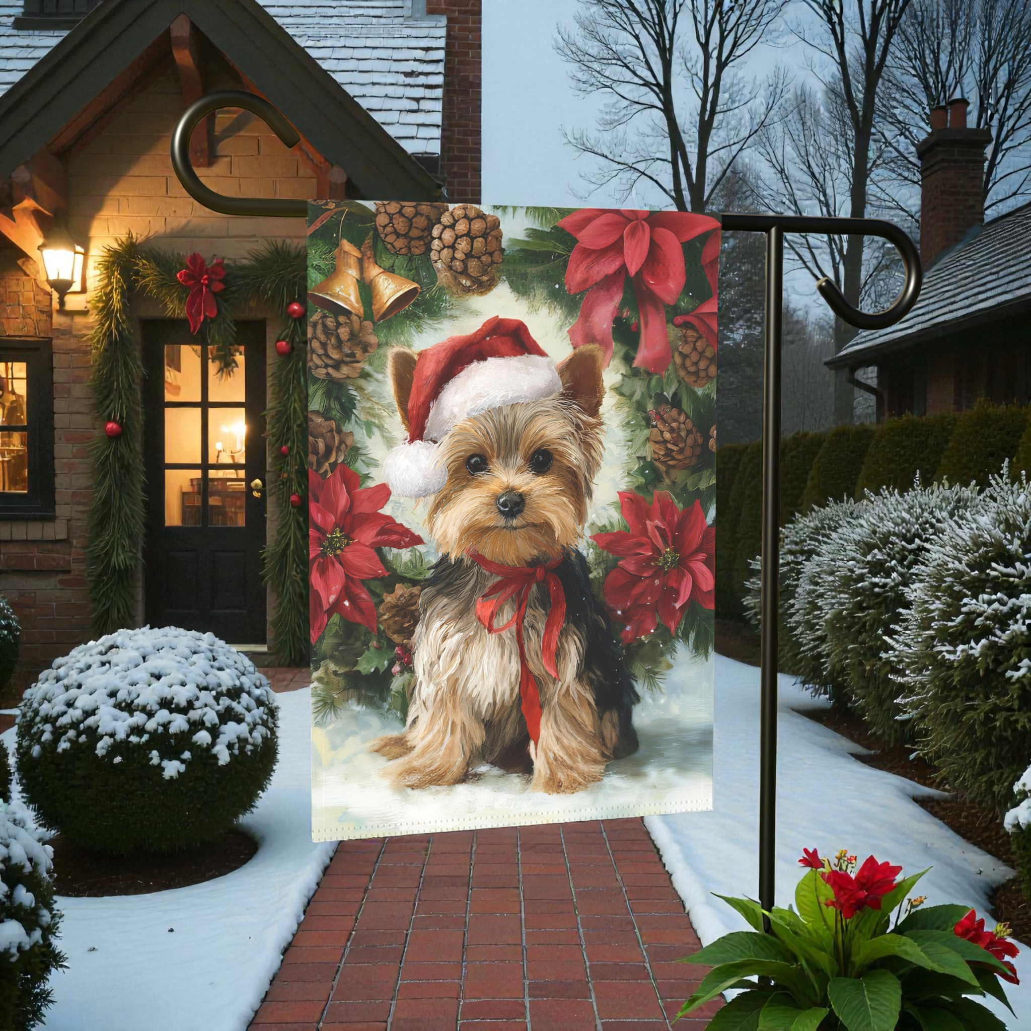 Poinsettia and Pinecone Wreath Yorkshire Terrier Garden Flag