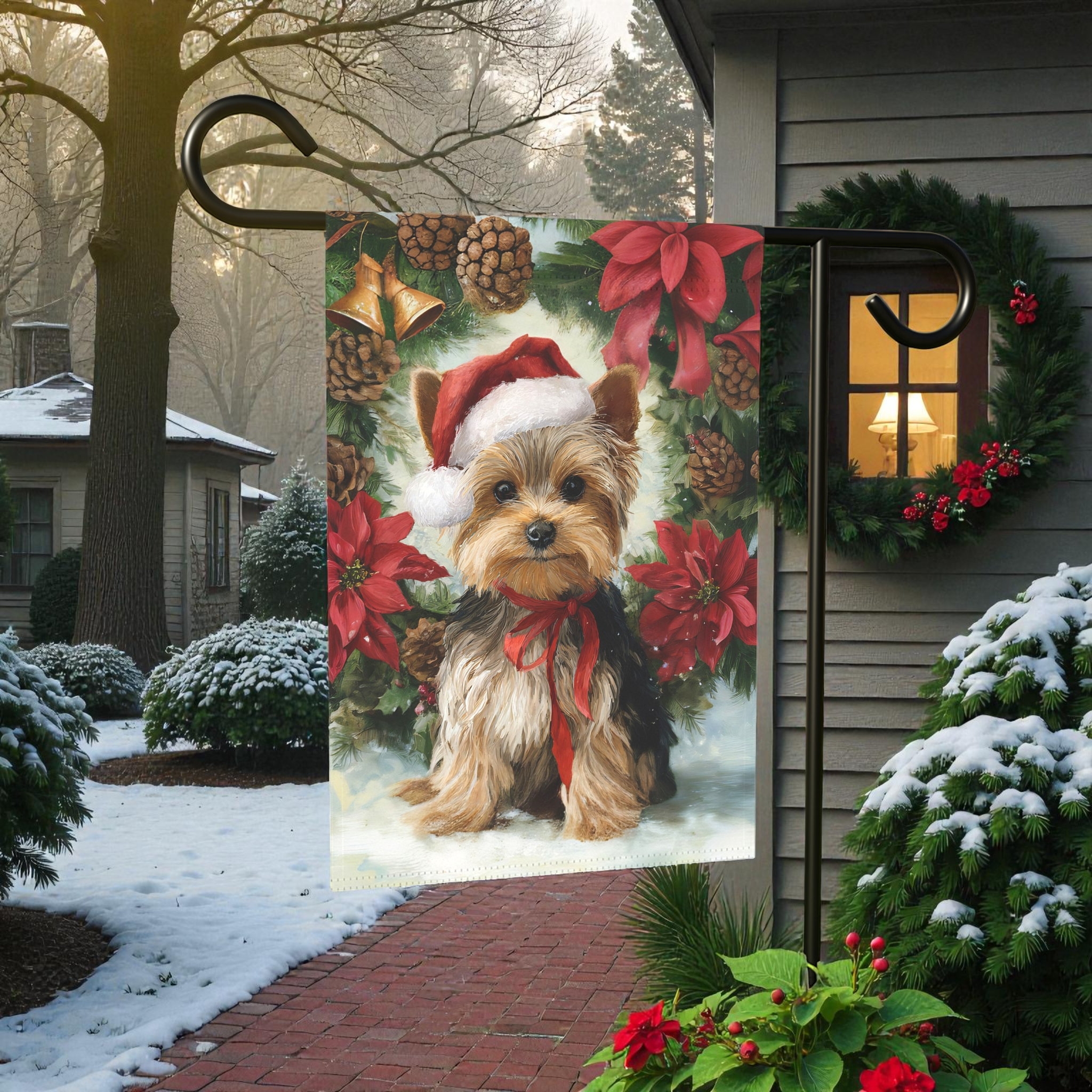 Poinsettia and Pinecone Wreath Yorkshire Terrier Garden Flag