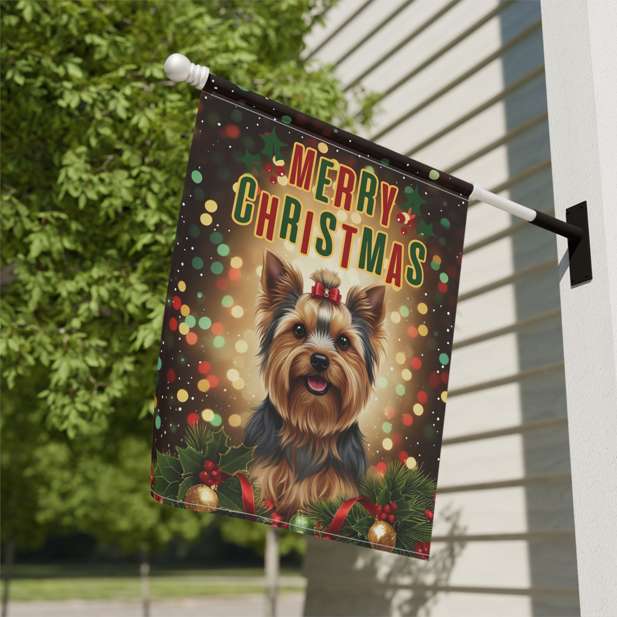 Merry Christmas Yorkshire Terrier Garden Flag