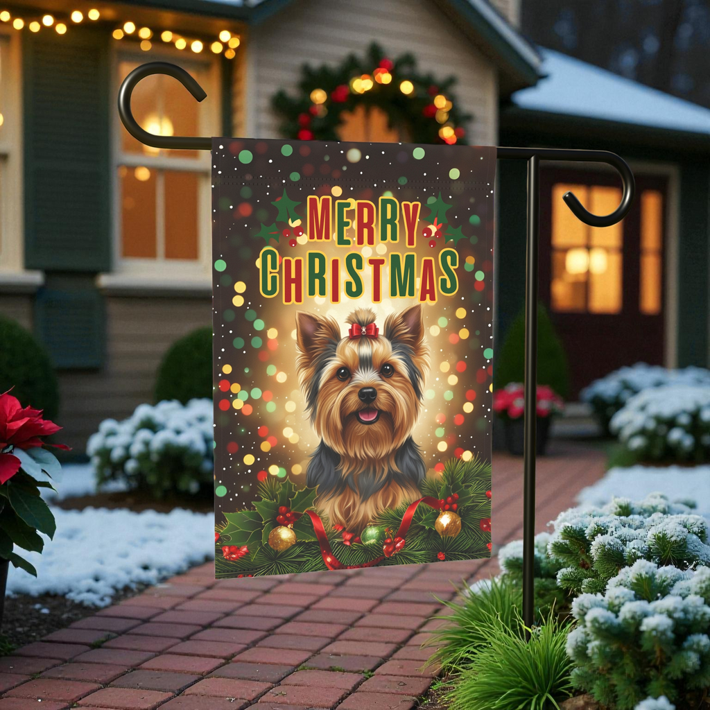 Merry Christmas Yorkshire Terrier Garden Flag