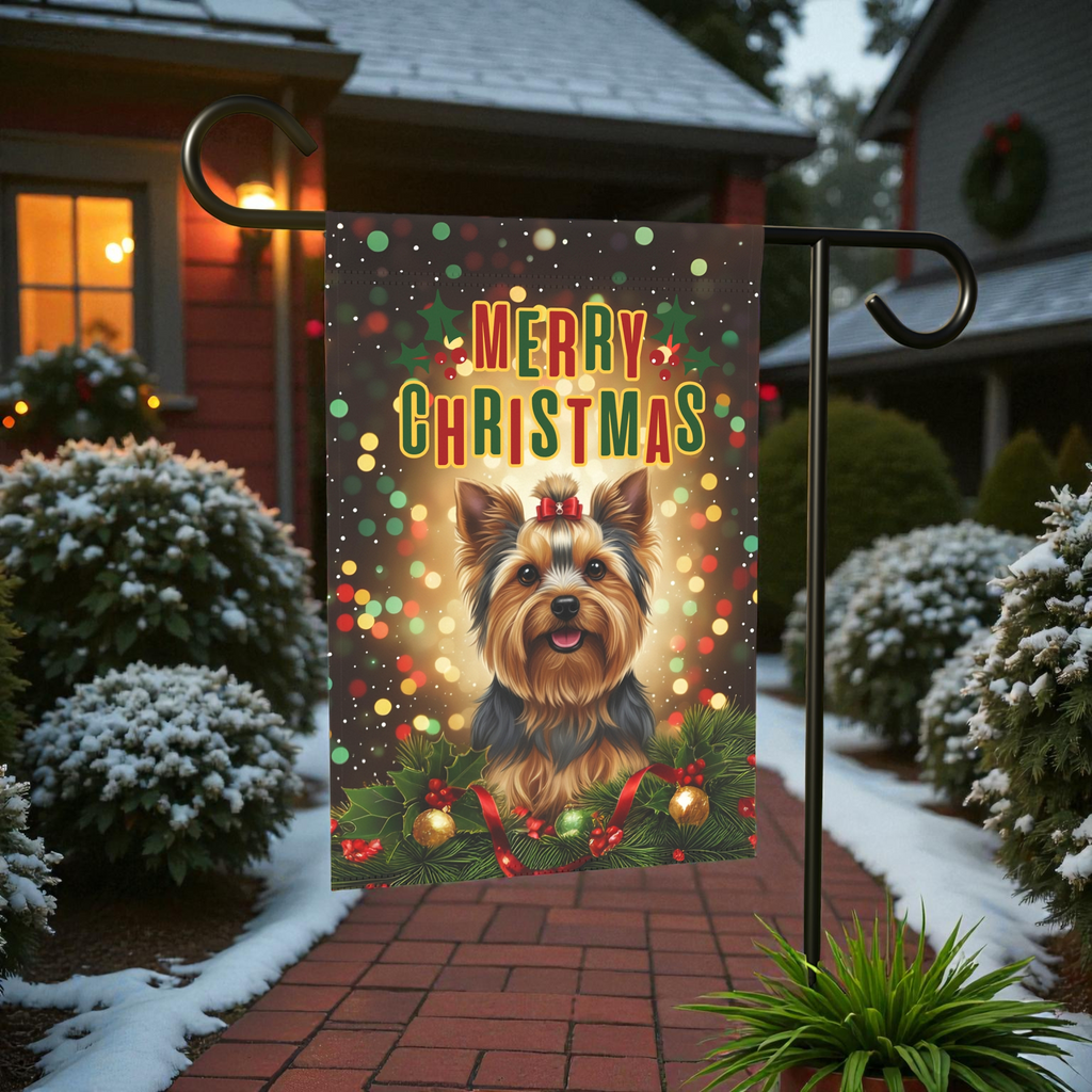Merry Christmas Yorkshire Terrier Garden Flag
