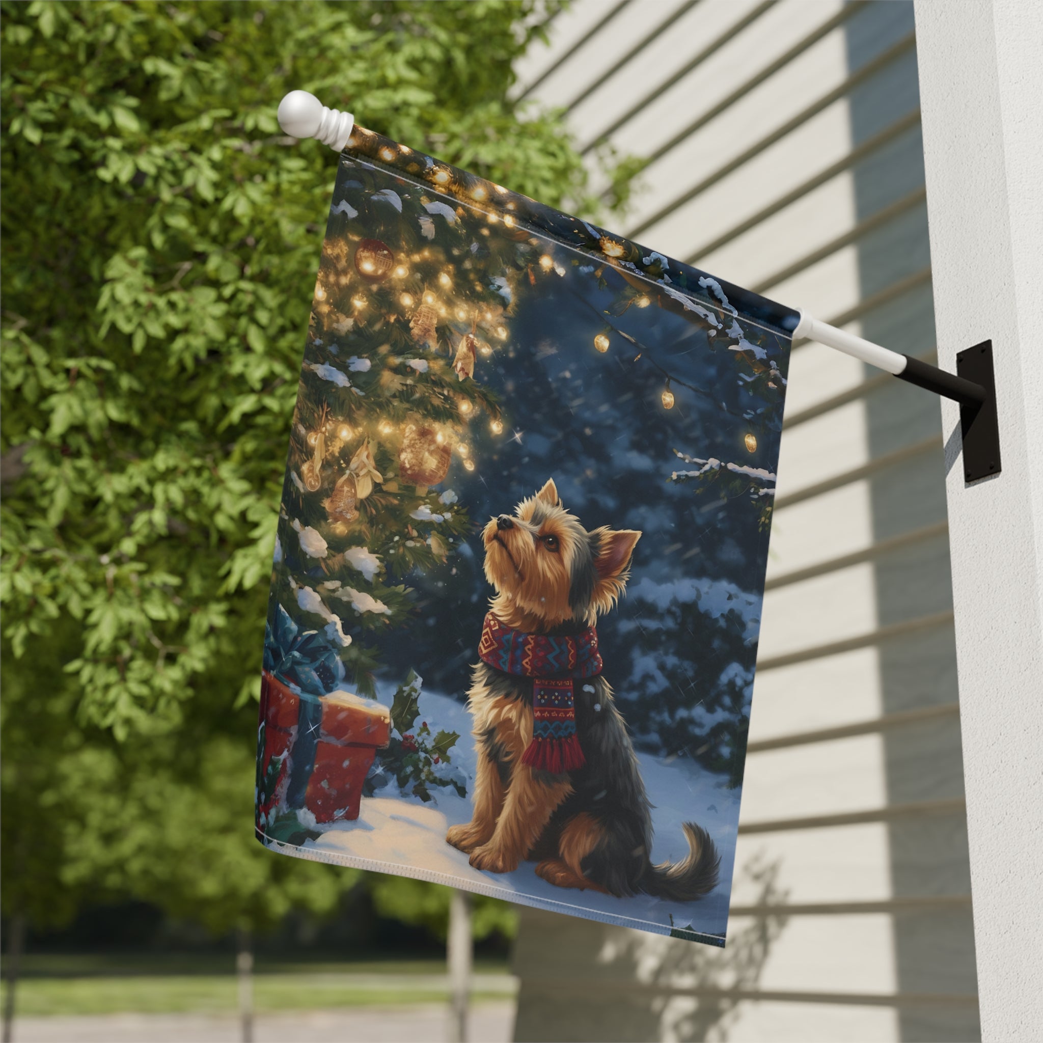 Standing By the Christmas Tree Yorkie Garden Flag