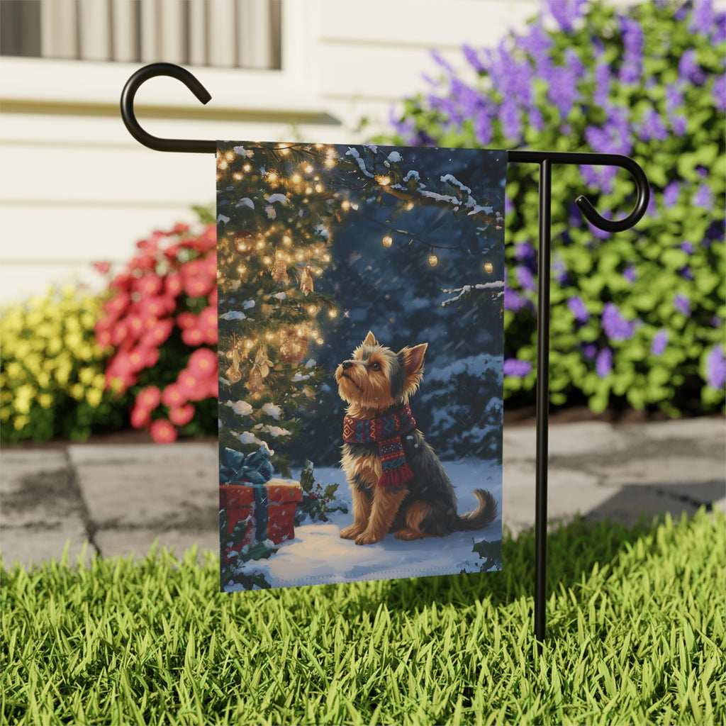 Standing By the Christmas Tree Yorkie Garden Flag