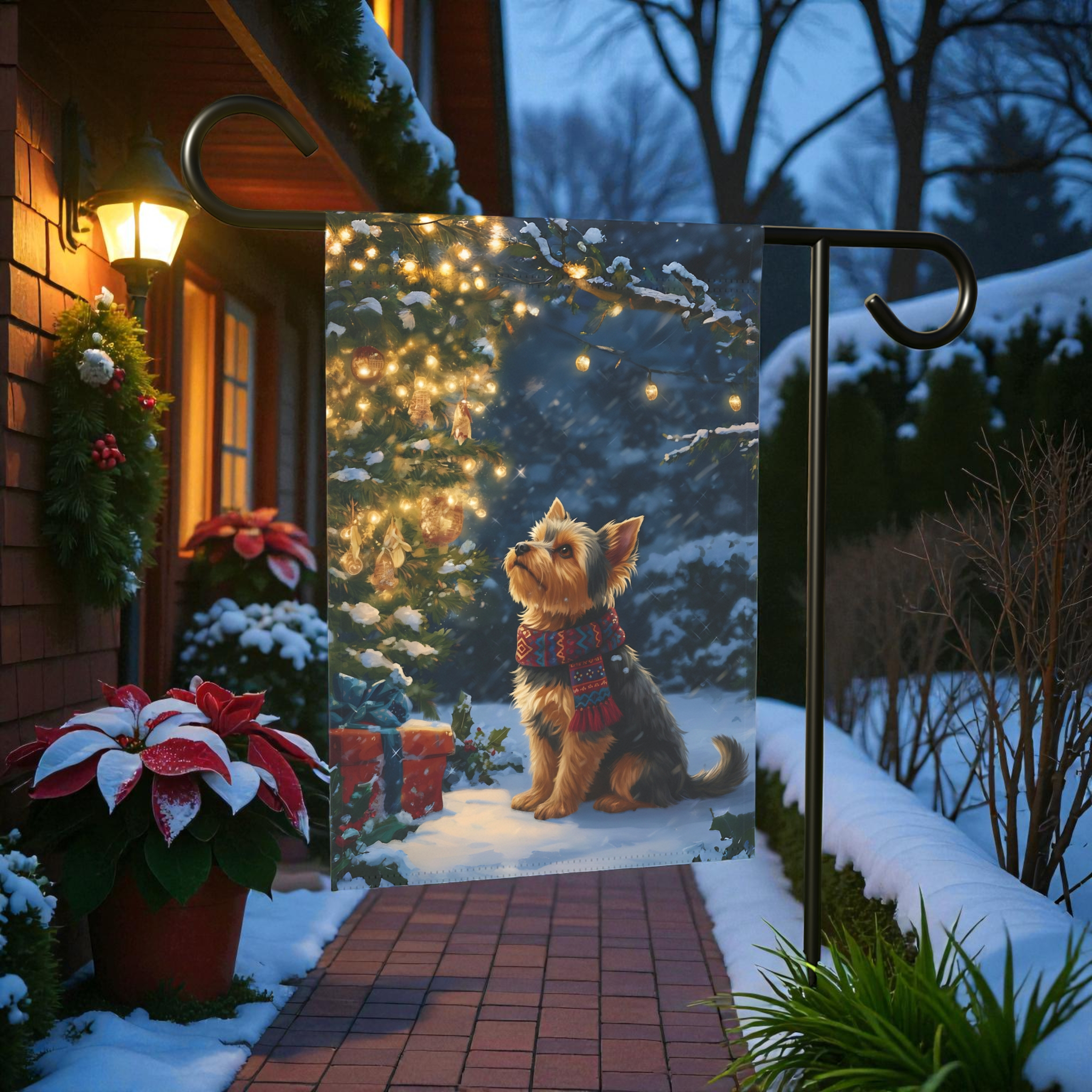 Standing By the Christmas Tree Yorkie Garden Flag