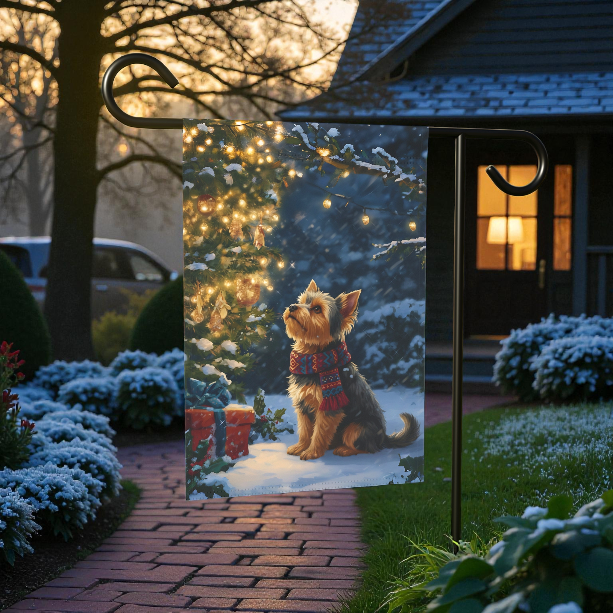 Standing By the Christmas Tree Yorkie Garden Flag