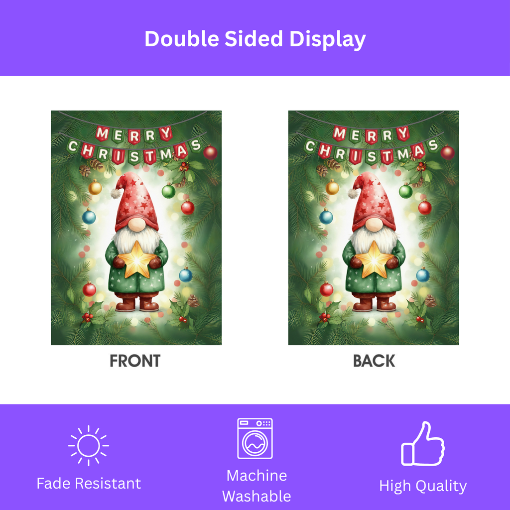 Merry Christmas Gnome and Star Garden Flag - yard display - Dragonfire Gardens