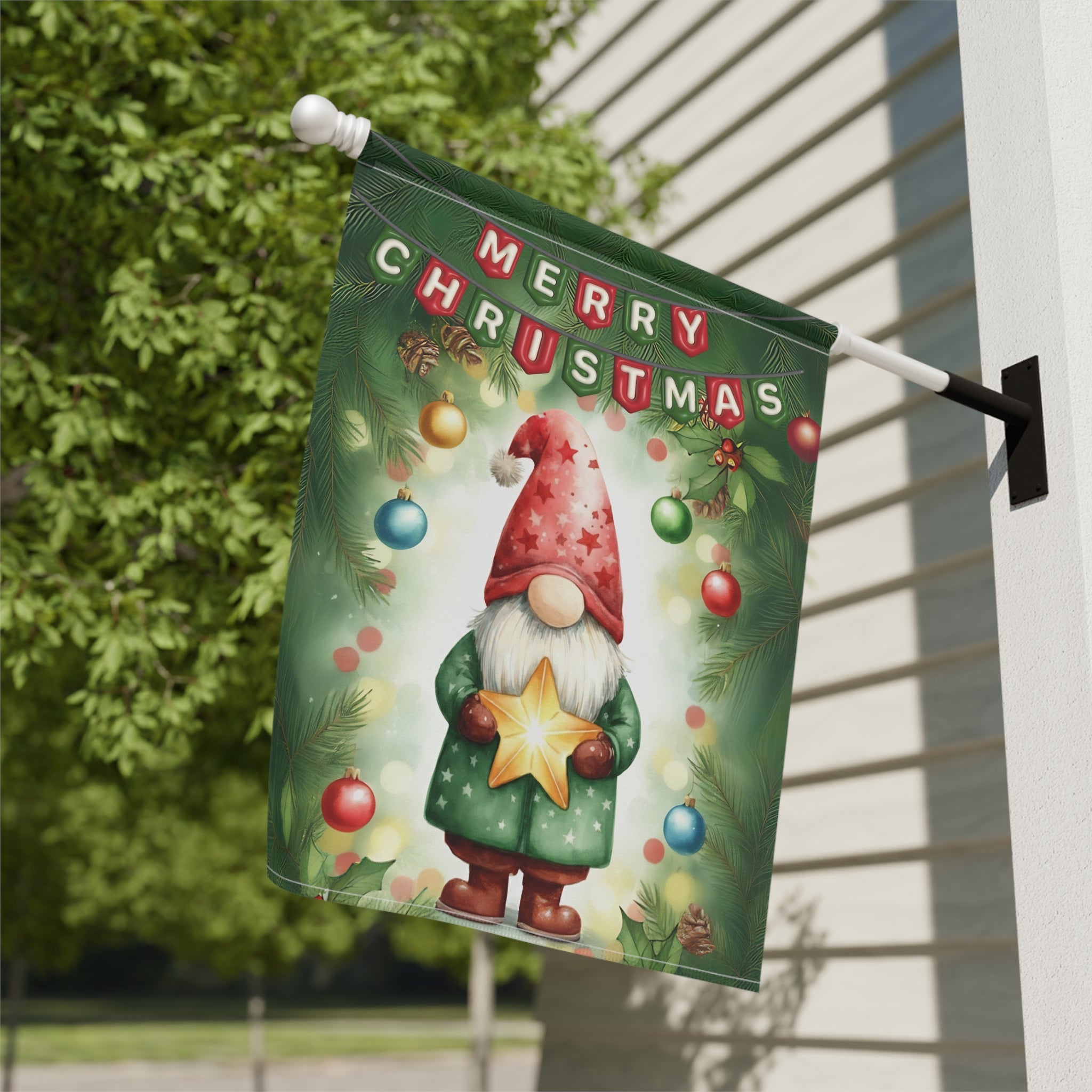 Merry Christmas Gnome and Star Garden Flag