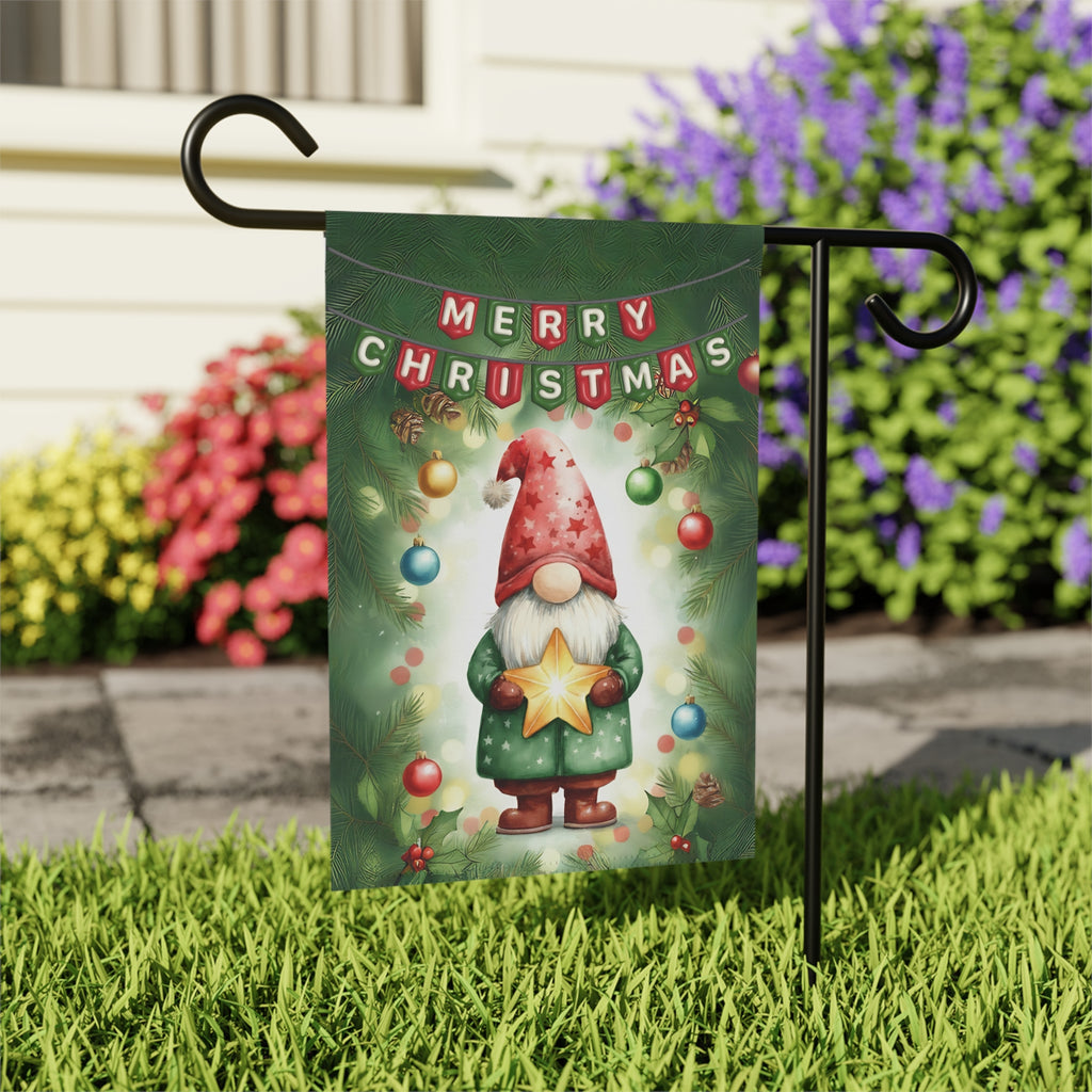 Merry Christmas Gnome and Star Garden Flag - close-up detail - Dragonfire Gardens
