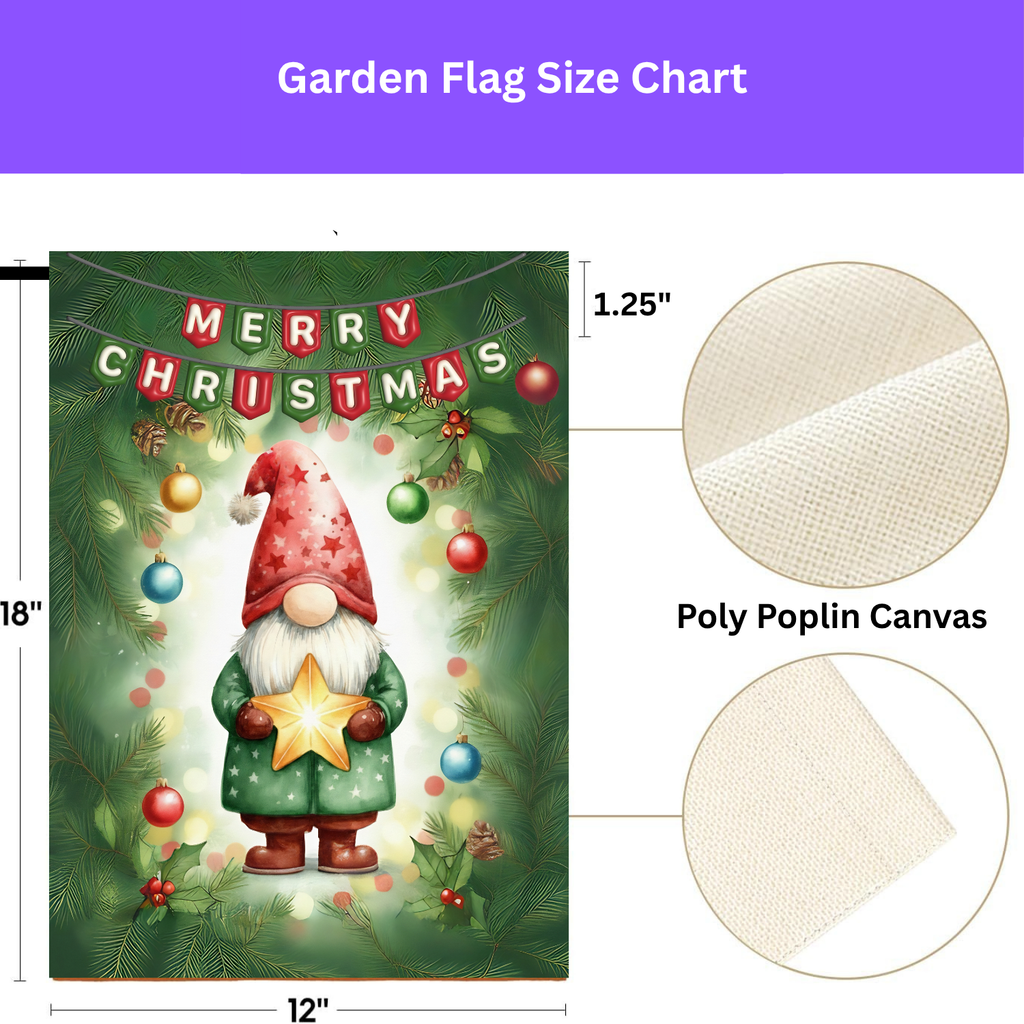 Merry Christmas Gnome and Star Garden Flag - size comparison - Dragonfire Gardens