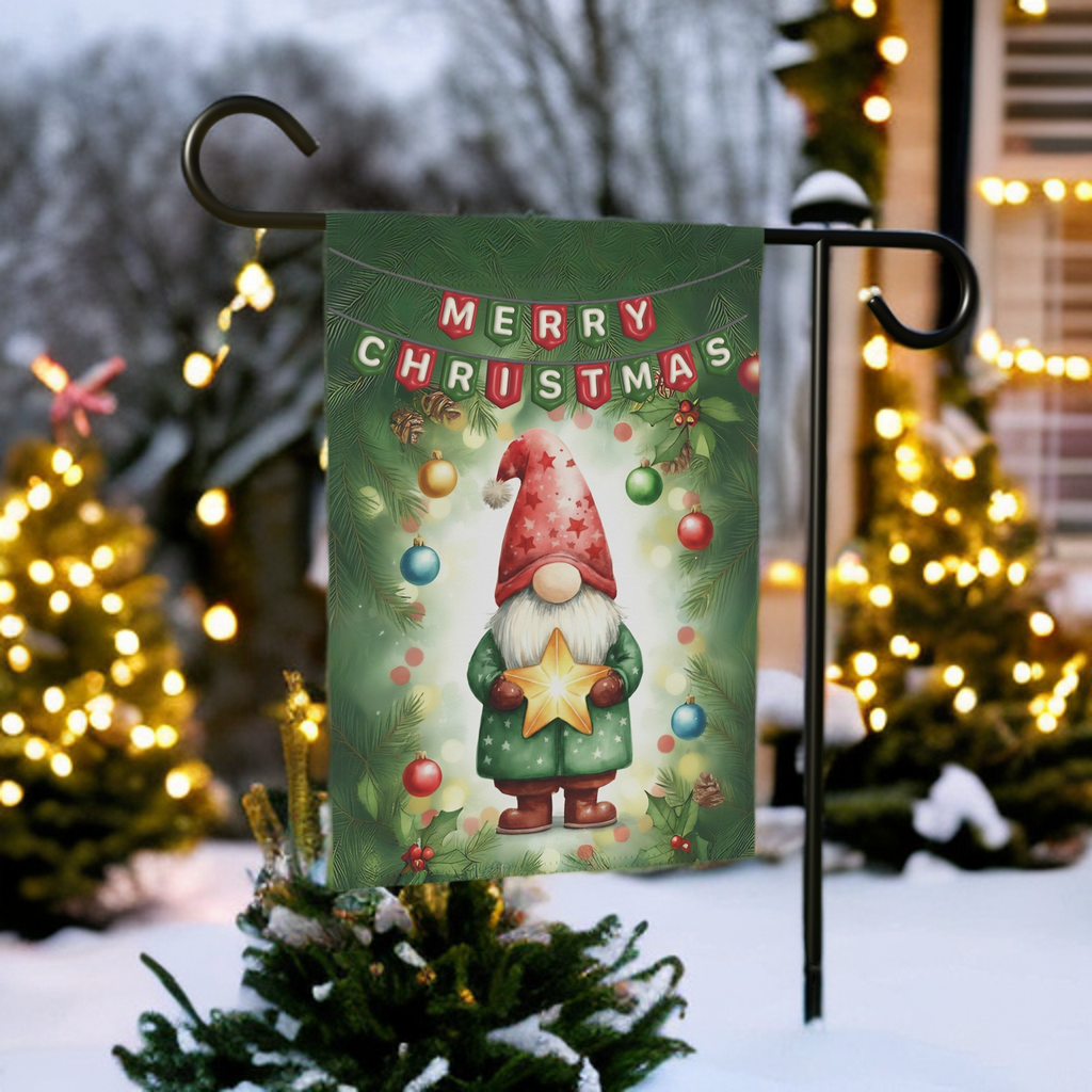 Merry Christmas Gnome and Star Garden Flag - outdoor display - Dragonfire Gardens