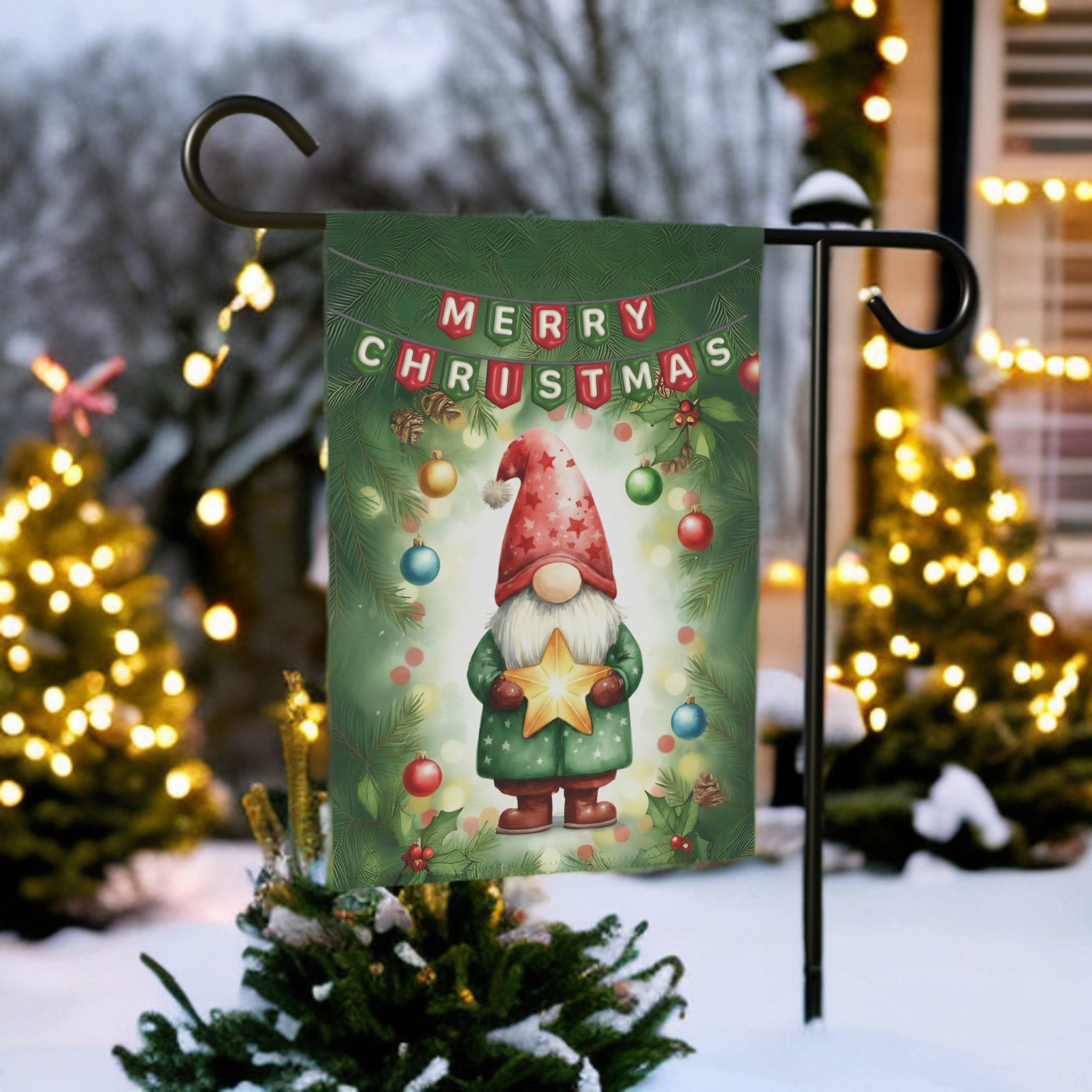 Merry Christmas Gnome and Star Garden Flag
