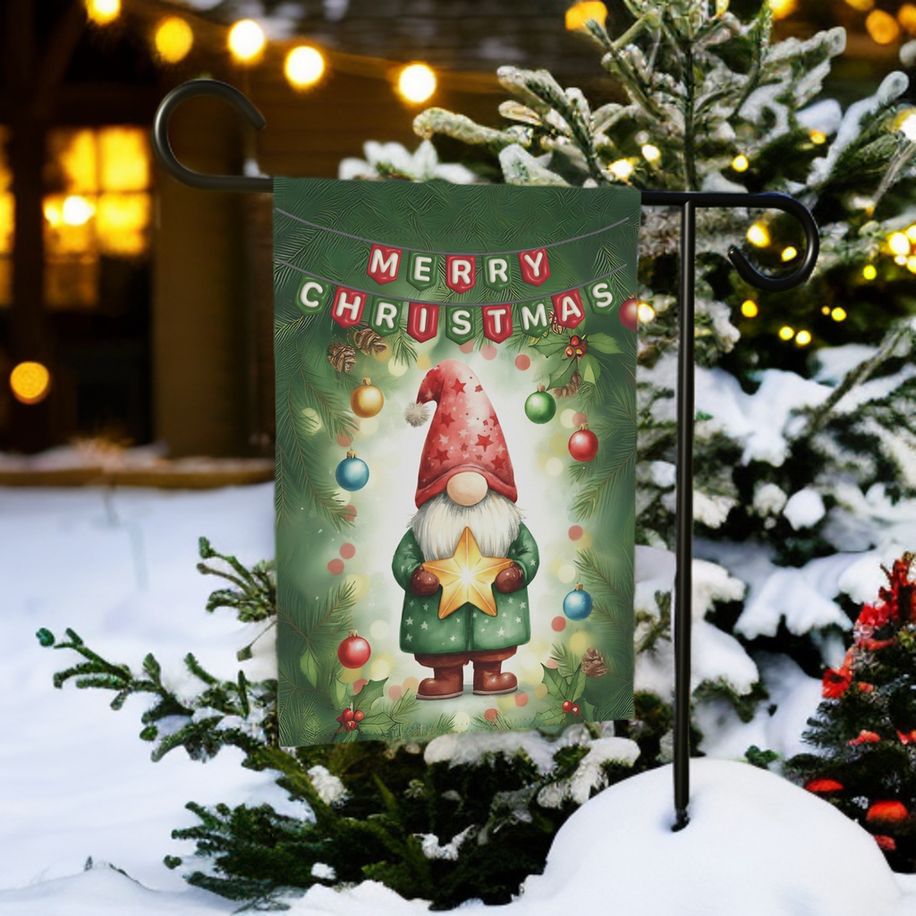 Merry Christmas Gnome and Star Garden Flag - product detail - Dragonfire Gardens