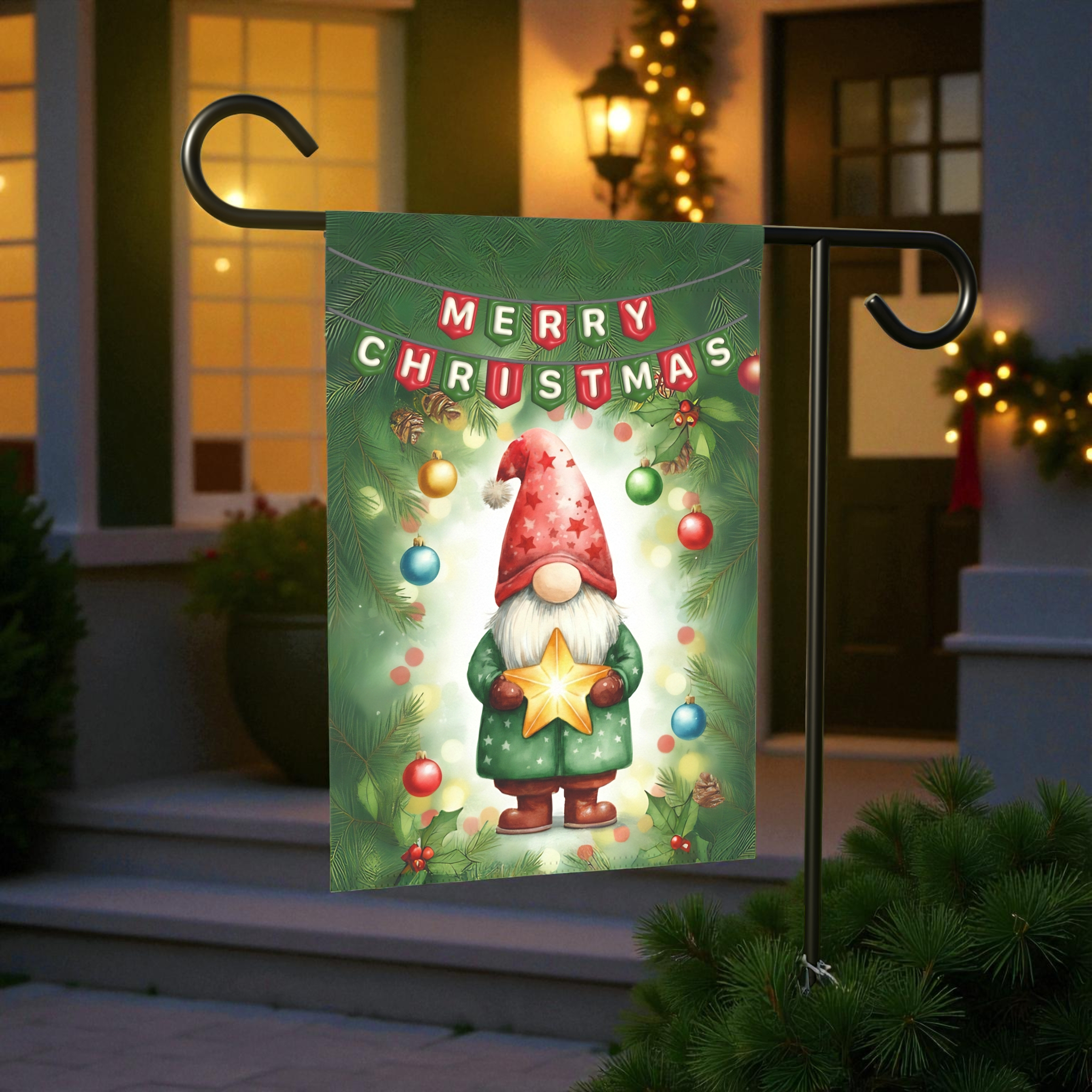 Merry Christmas Gnome and Star Garden Flag - lifestyle display - Dragonfire Gardens