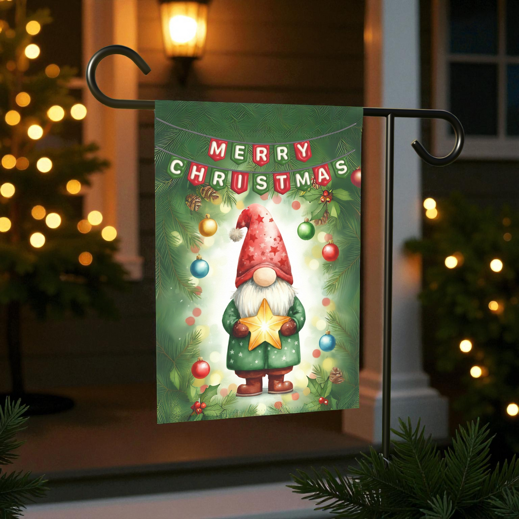 Merry Christmas Gnome and Star Garden Flag - front view - Dragonfire Gardens
