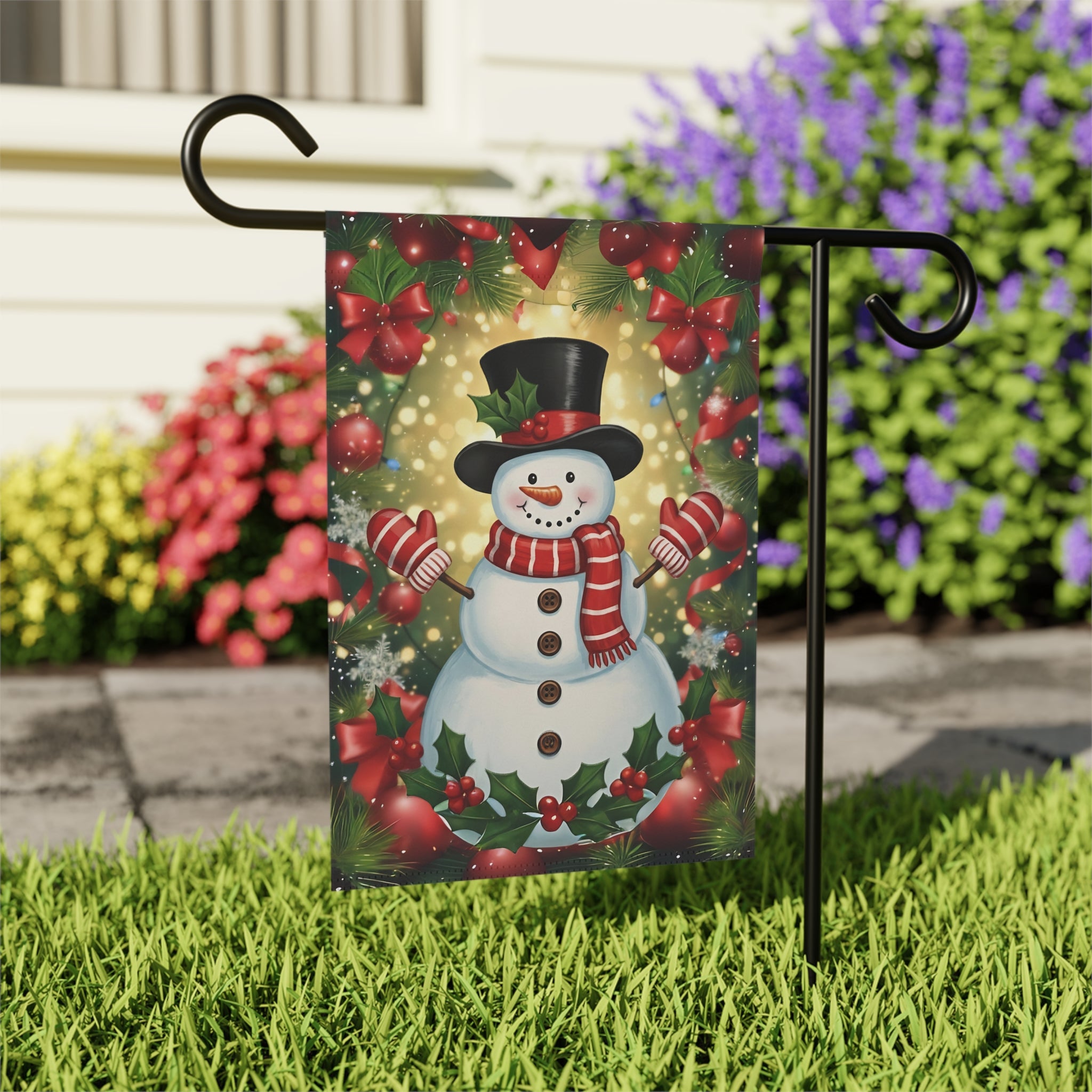 Red and White Striped Scarf Snowman Garden Flag