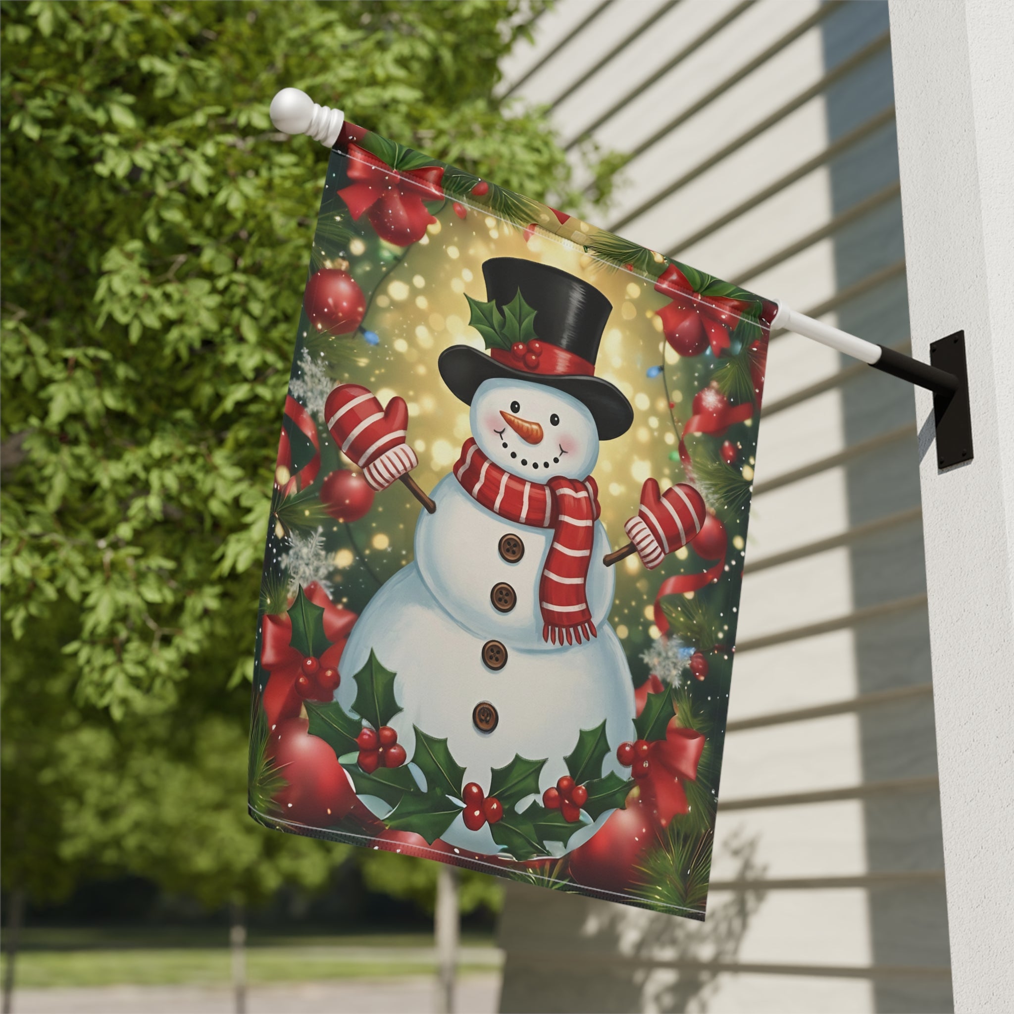 Red and White Striped Scarf Snowman Garden Flag
