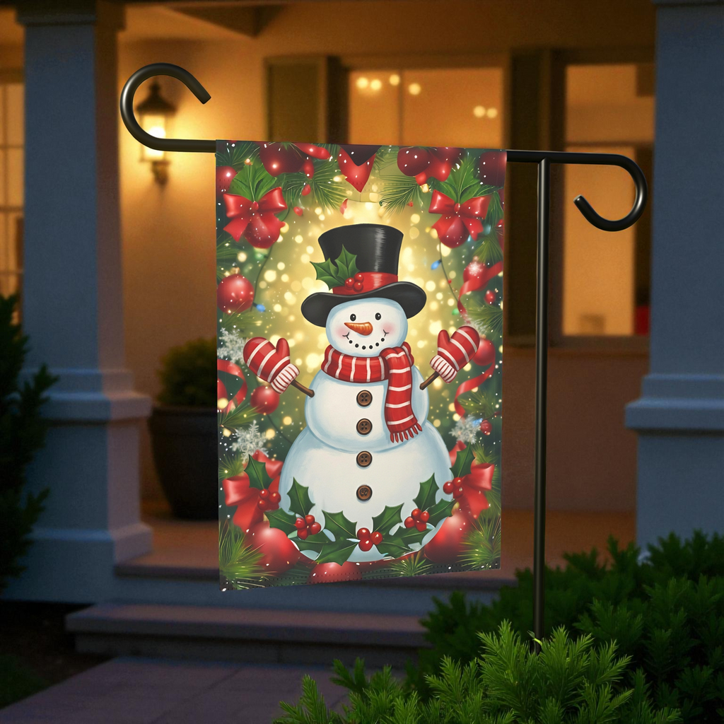 Red and White Striped Scarf Snowman Garden Flag