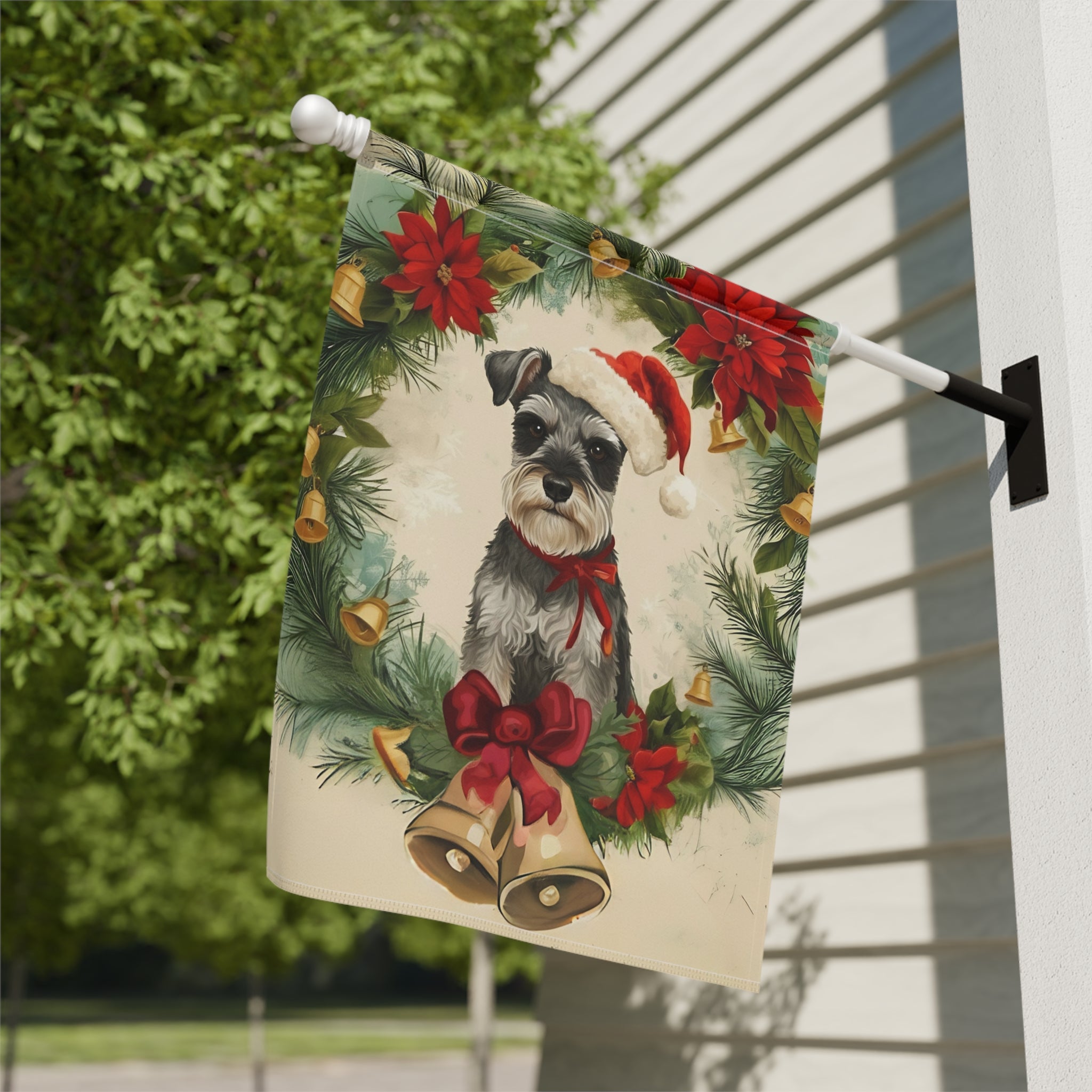 Poinsettia and Bells Christmas Schnauzer Garden Flag