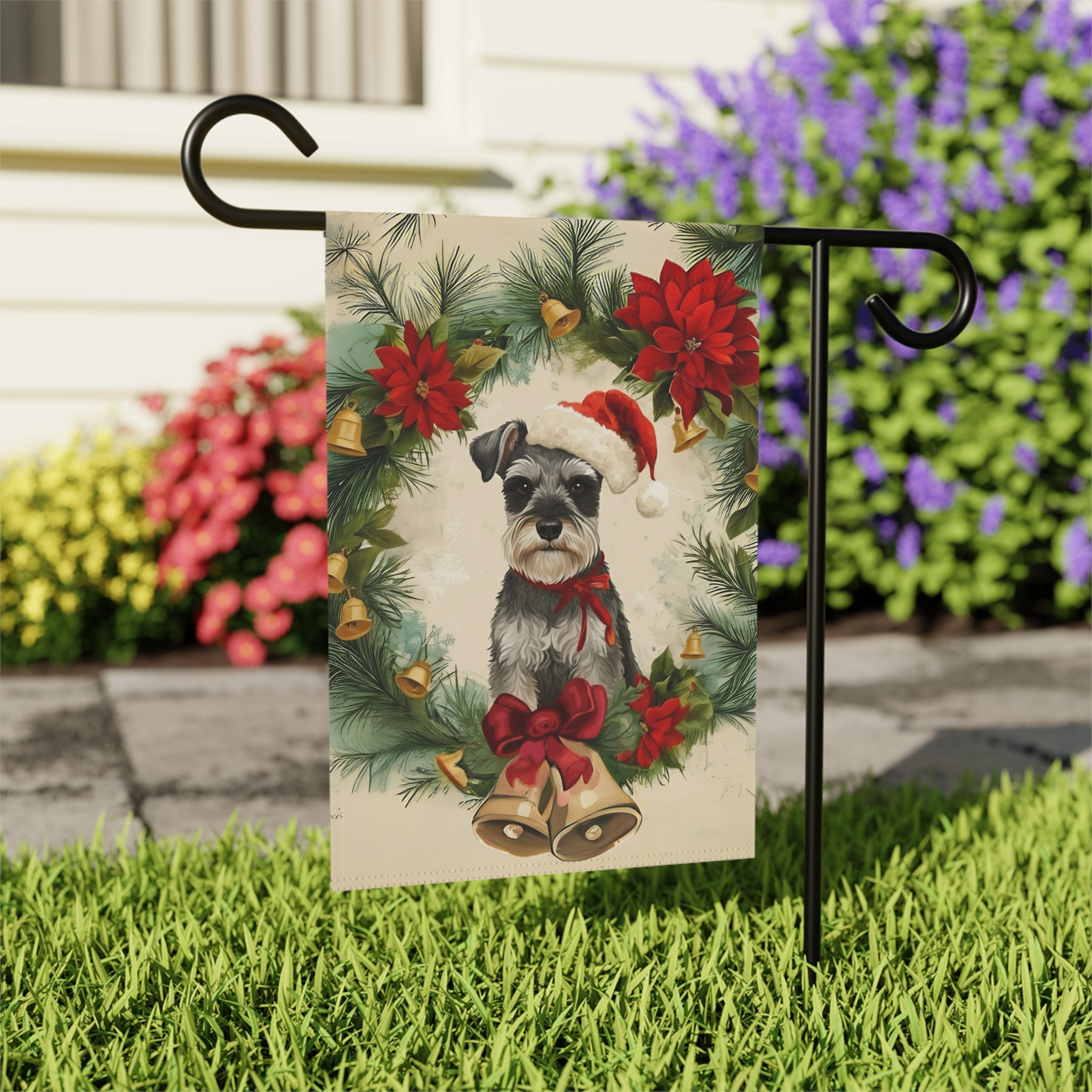 Poinsettia and Bells Christmas Schnauzer Garden Flag