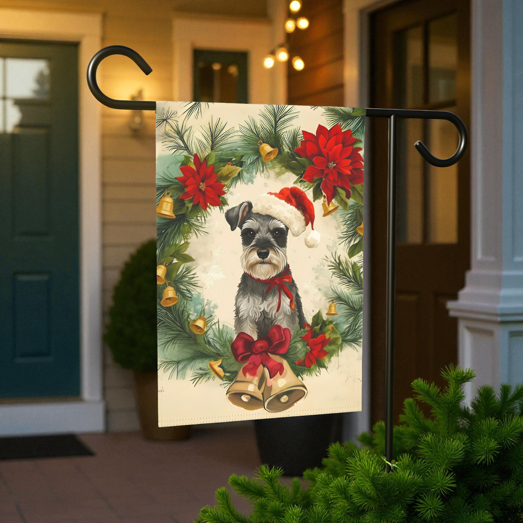 Poinsettia and Bells Christmas Schnauzer Garden Flag