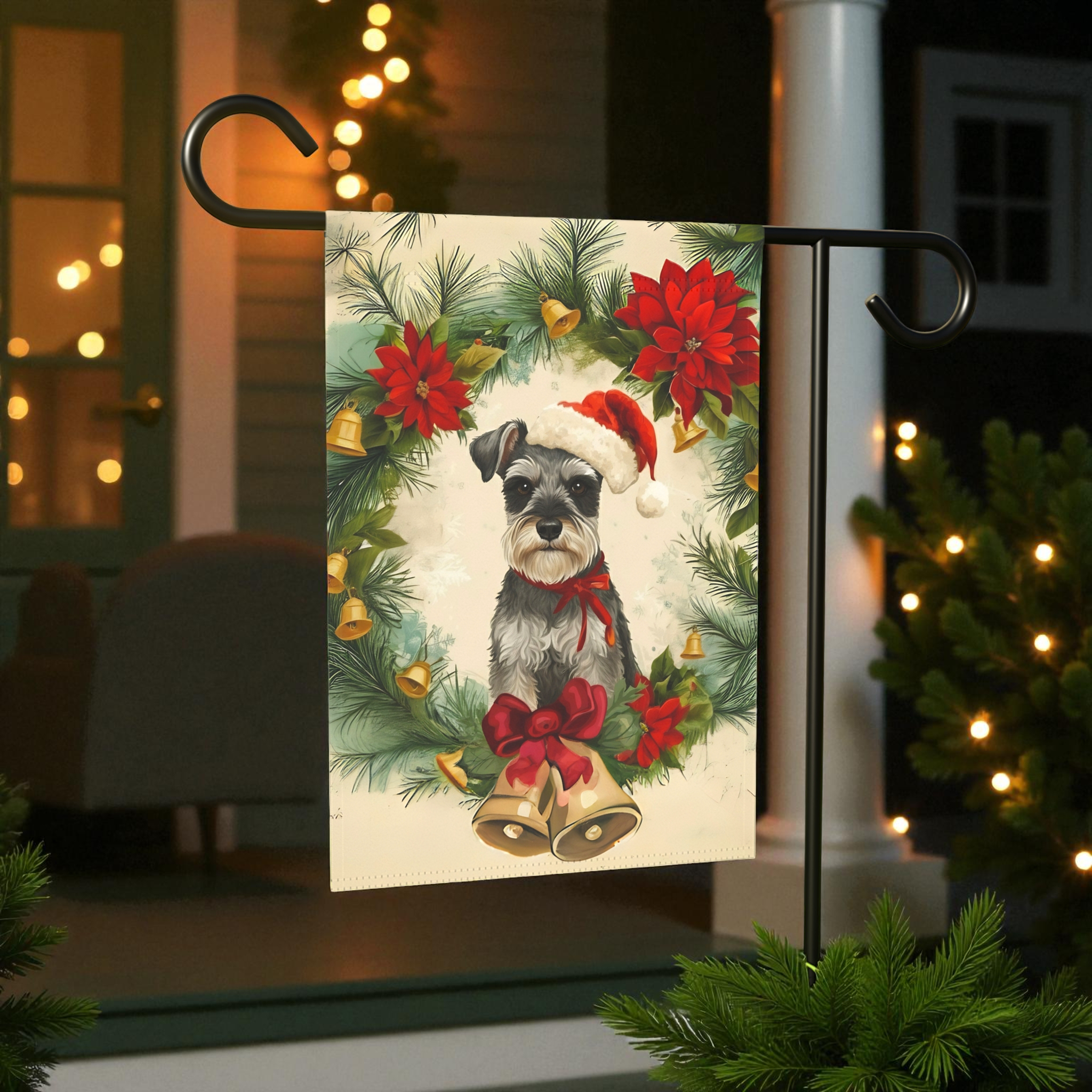 Poinsettia and Bells Christmas Schnauzer Garden Flag