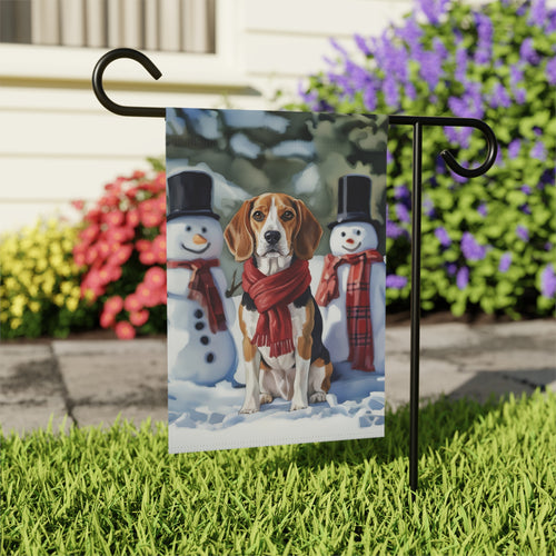 Beagle and Snowmen Christmas Garden Flag - outdoor display - Dragonfire Gardens