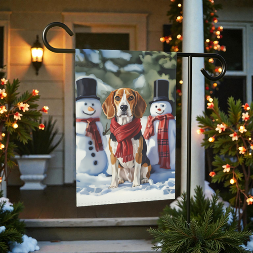 Beagle and Snowmen Christmas Garden Flag - front view - Dragonfire Gardens