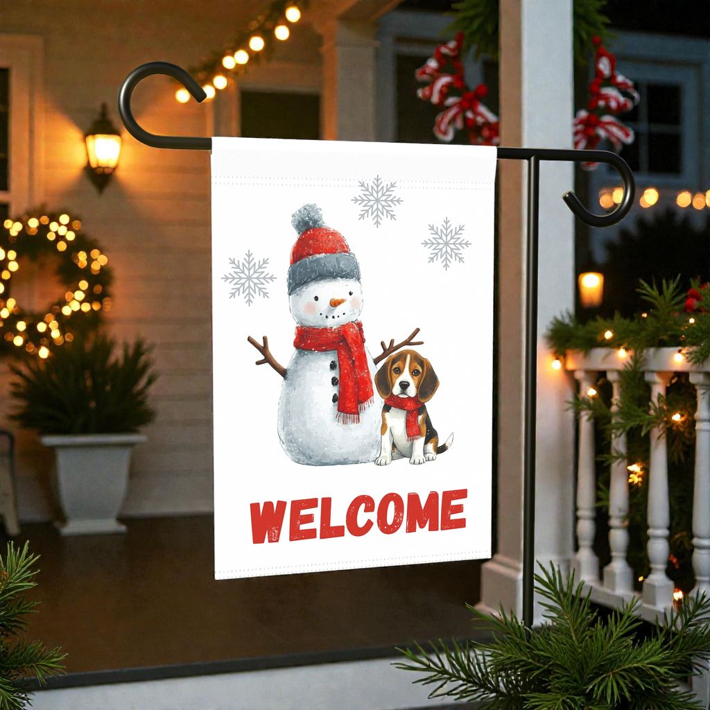 Snowman and Beagle Welcome Garden Flag