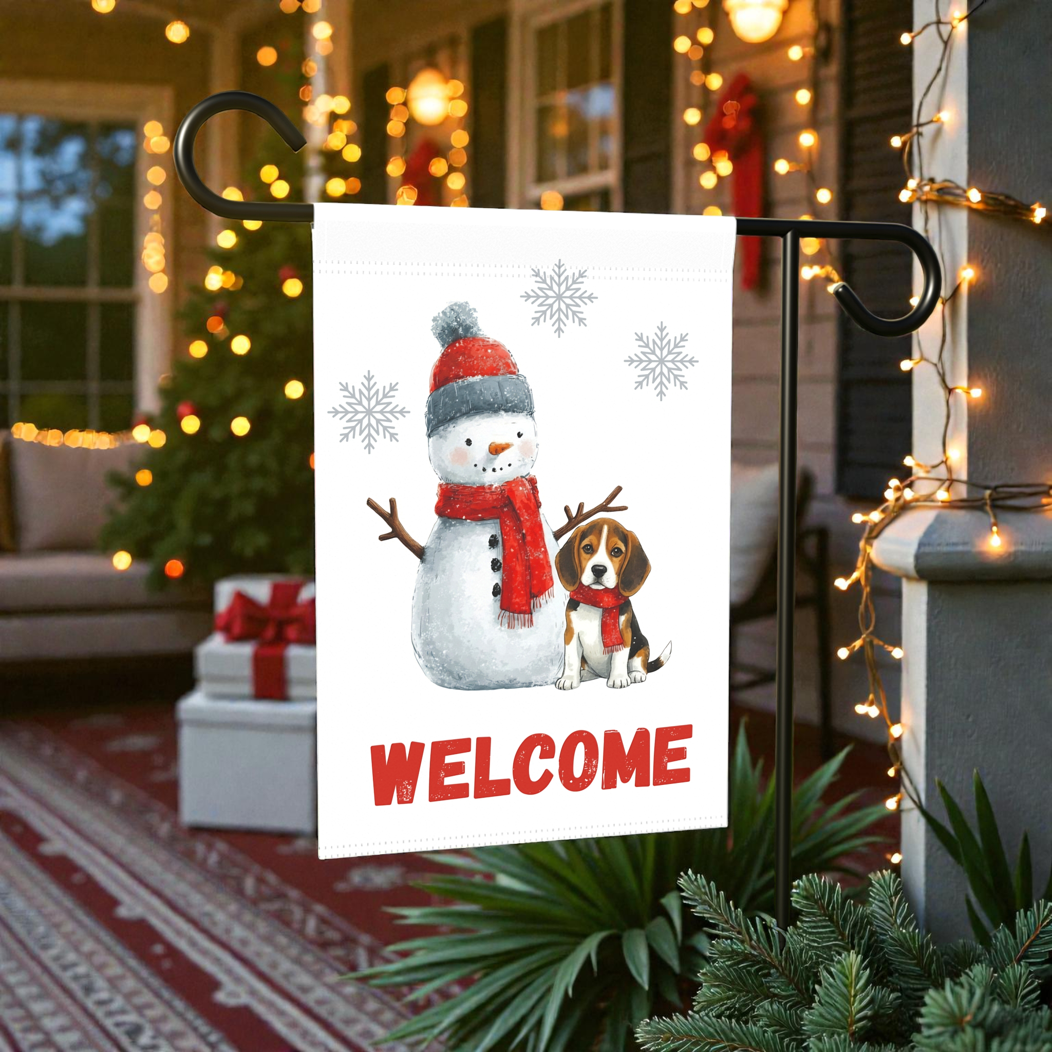 Snowman and Beagle Welcome Garden Flag