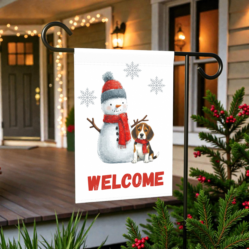 Snowman and Beagle Welcome Garden Flag