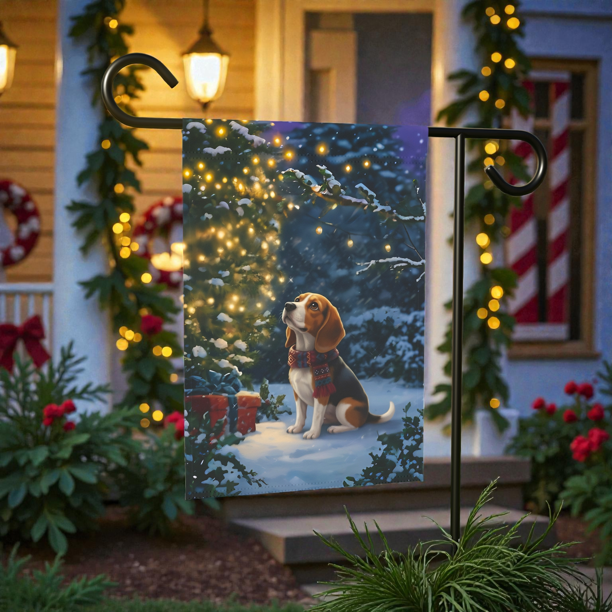 Standing By The Christmas Tree Beagle Garden Flag