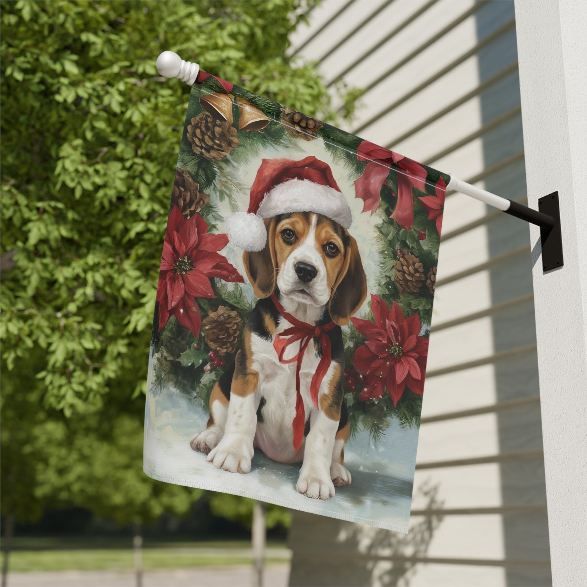 Poinsettia and Pinecone Wreath Beagle Garden Flag
