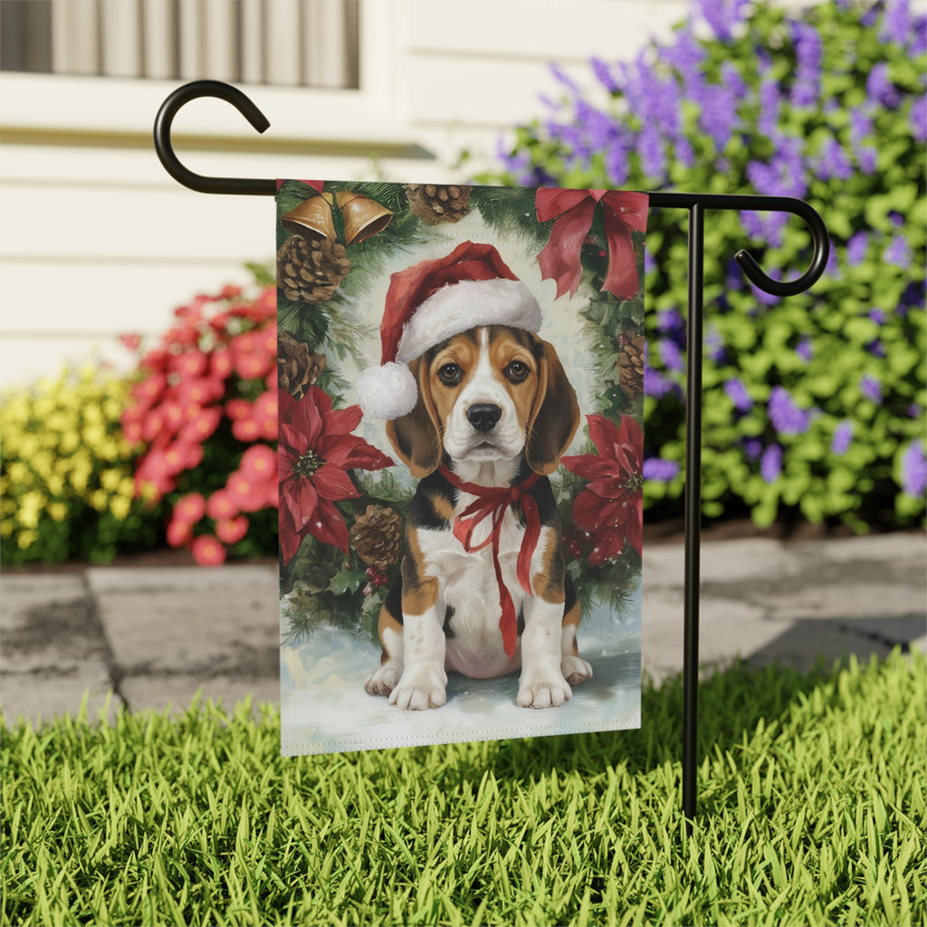 Poinsettia and Pinecone Wreath Beagle Garden Flag