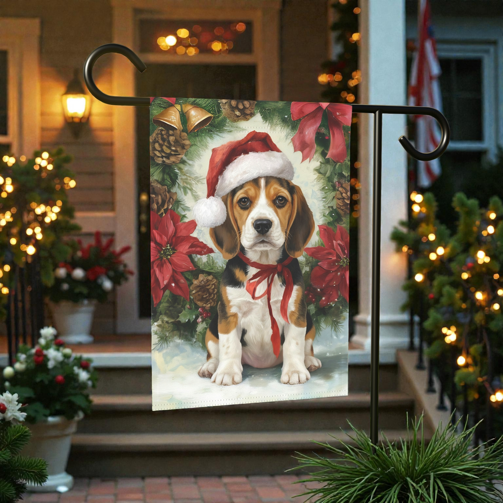 Poinsettia and Pinecone Wreath Beagle Garden Flag