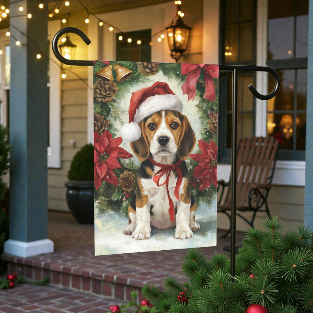Poinsettia and Pinecone Wreath Beagle Garden Flag