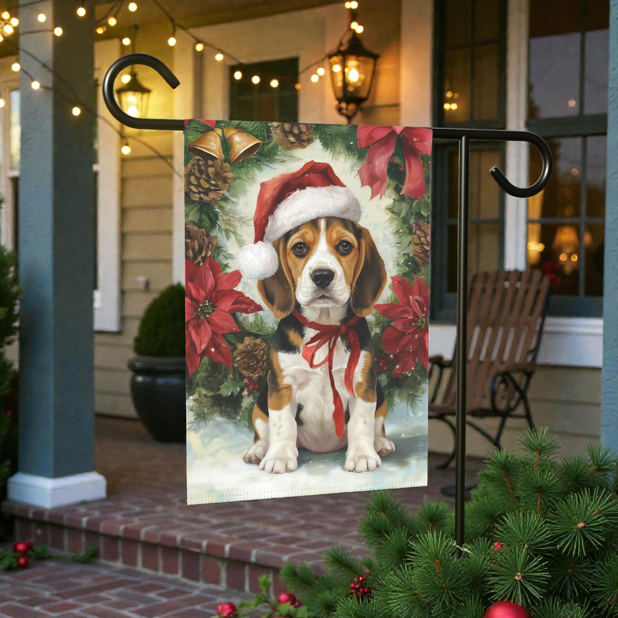 Poinsettia and Pinecone Wreath Beagle Garden Flag