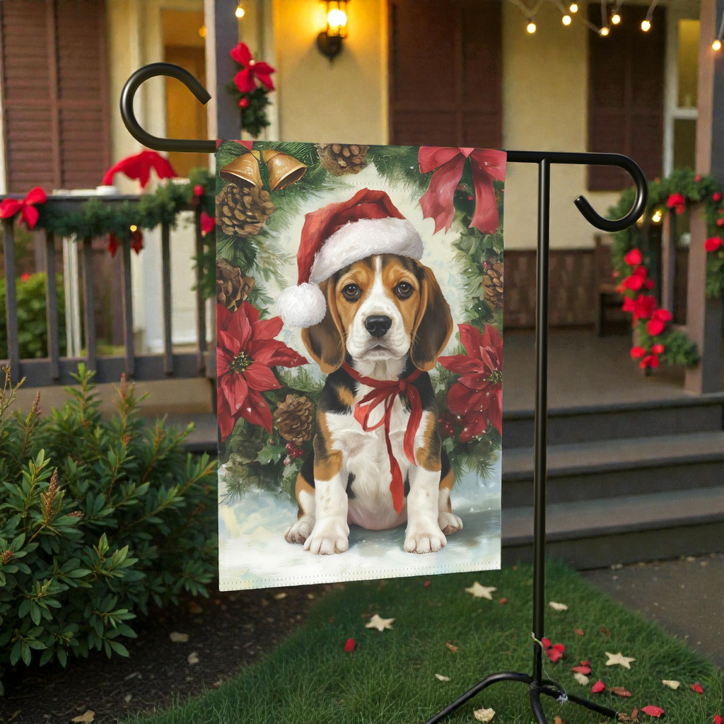 Poinsettia and Pinecone Wreath Beagle Garden Flag