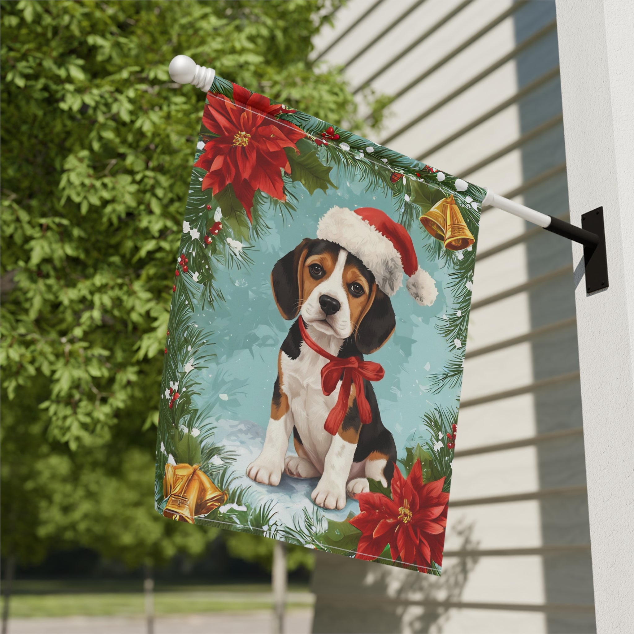Poinsettia and Bells Beagle Christmas Garden Flag