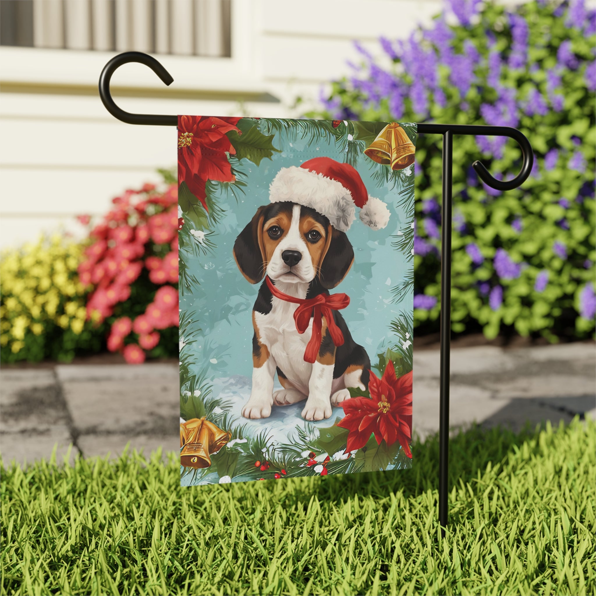 Poinsettia and Bells Beagle Christmas Garden Flag
