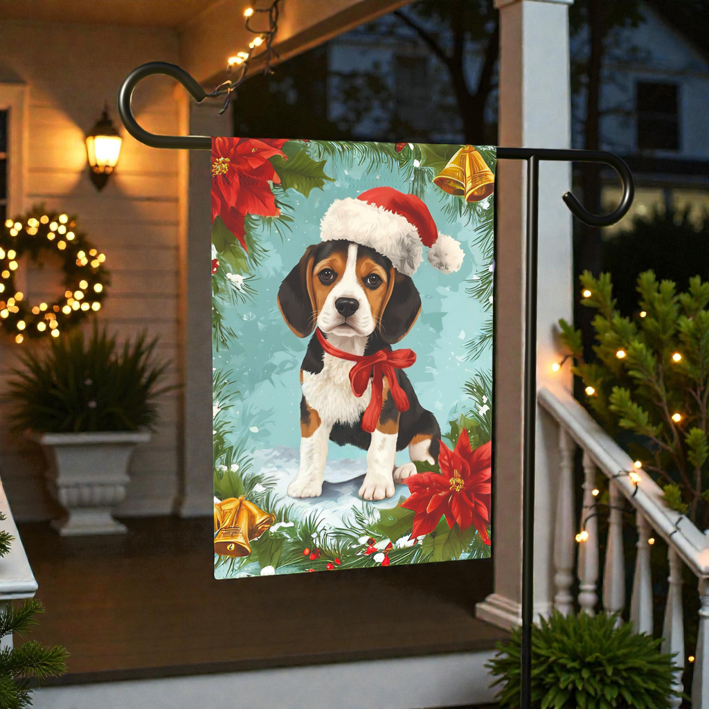 Poinsettia and Bells Beagle Christmas Garden Flag