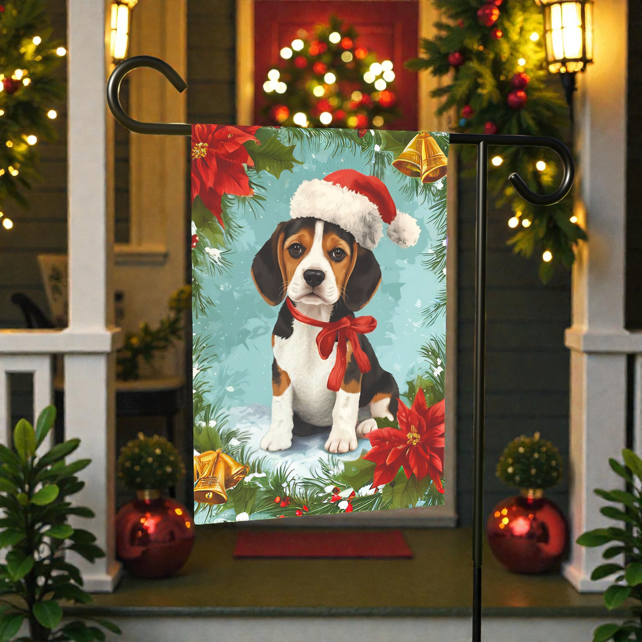 Poinsettia and Bells Beagle Christmas Garden Flag