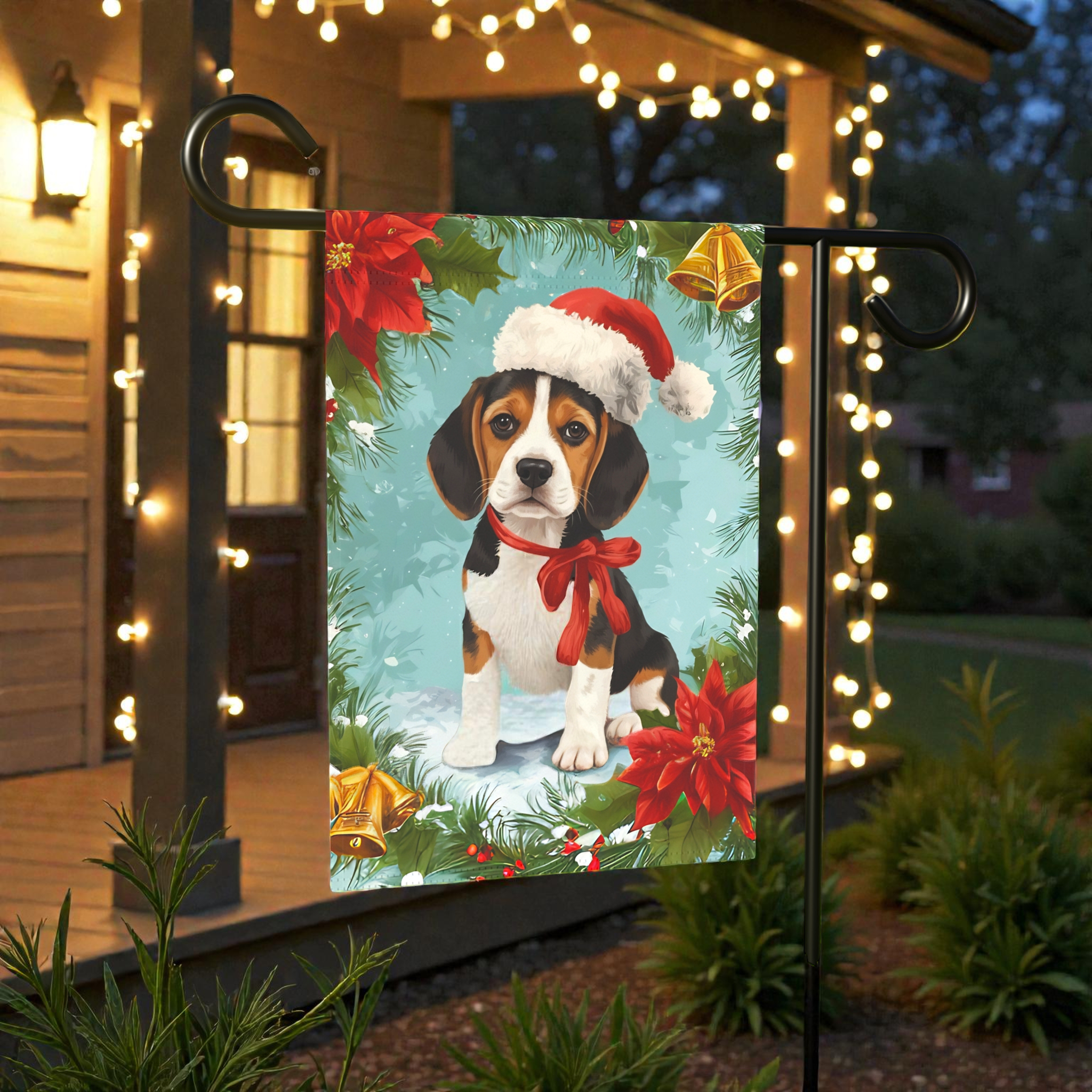 Poinsettia and Bells Beagle Christmas Garden Flag