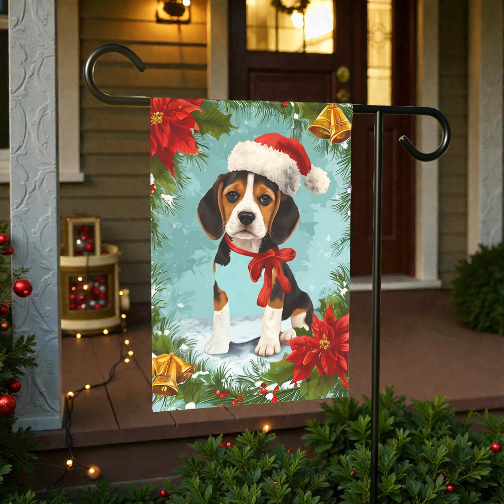 Poinsettia and Bells Beagle Christmas Garden Flag