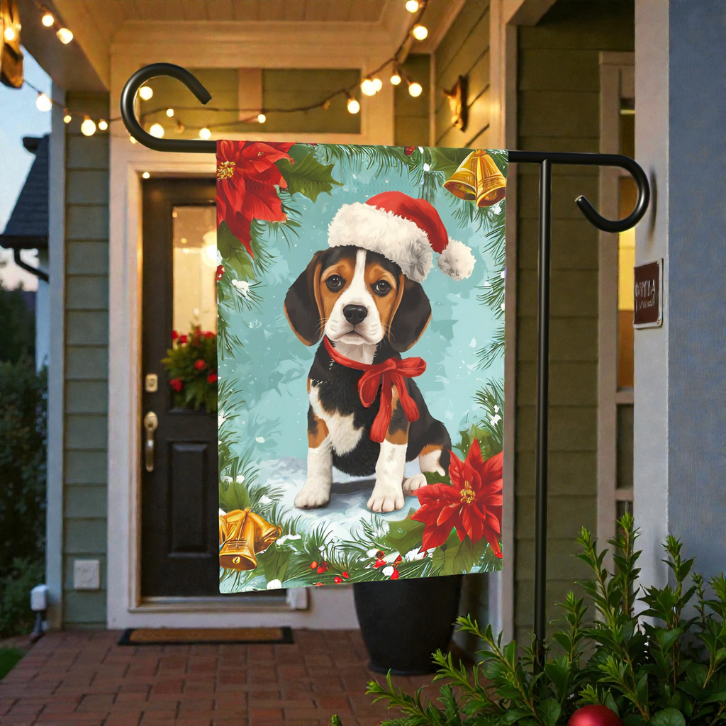 Poinsettia and Bells Beagle Christmas Garden Flag