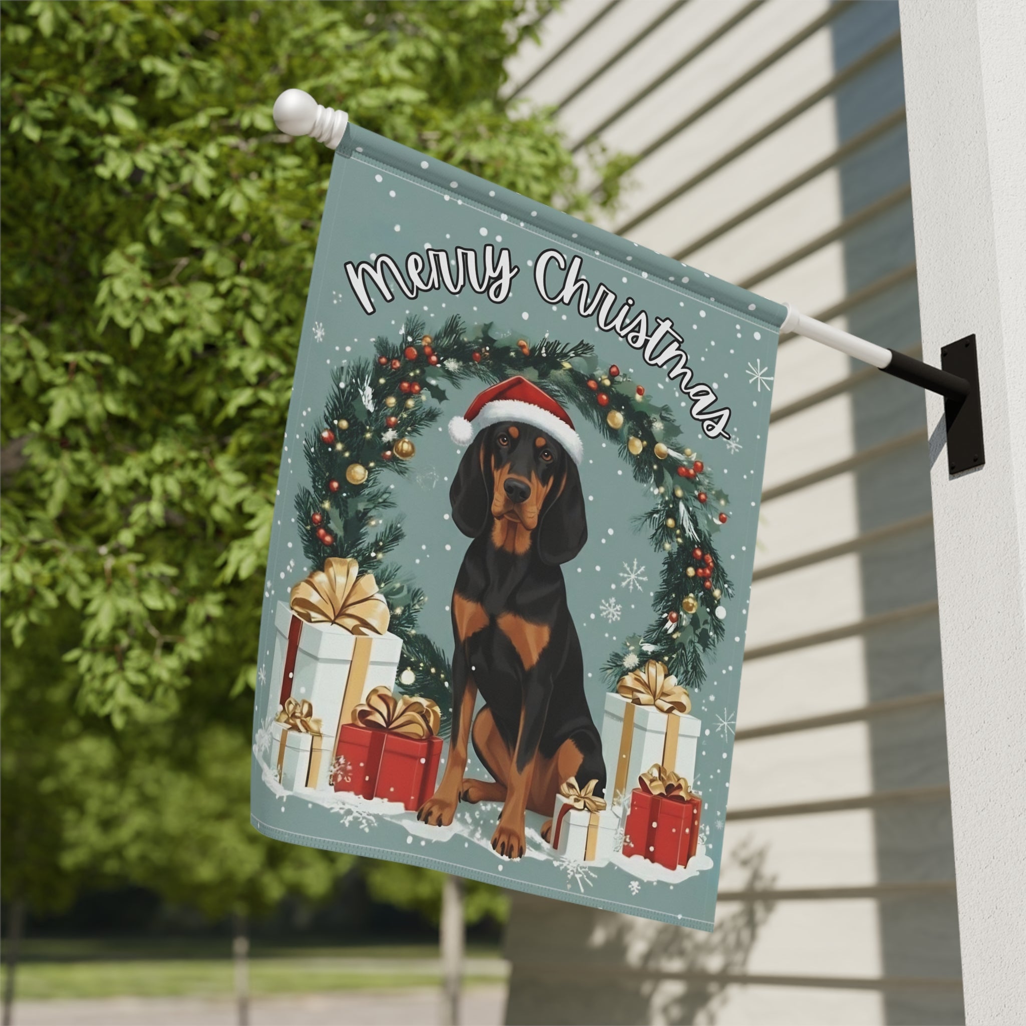 Merry Christmas Black and Tan Coonhound Garden Flag