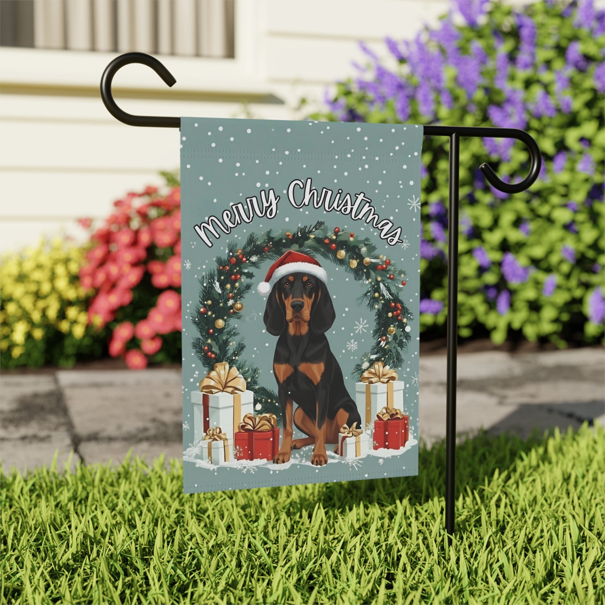 Merry Christmas Black and Tan Coonhound Garden Flag